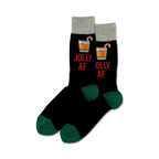 Pair of black crew socks with a green cuff.  Features a red 'Jolly AF' slogan and a cocktail graphic with a candy cane.