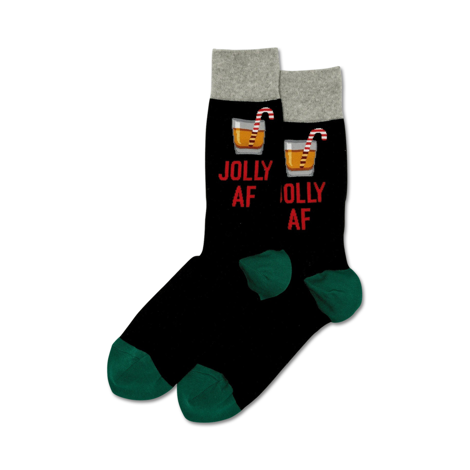 Pair of black crew socks with a green cuff.  Features a red 'Jolly AF' slogan and a cocktail graphic with a candy cane.