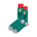 Lifestyle shot of 'Jolly AF' socks on a person's legs. Socks are teal with a red cuff.