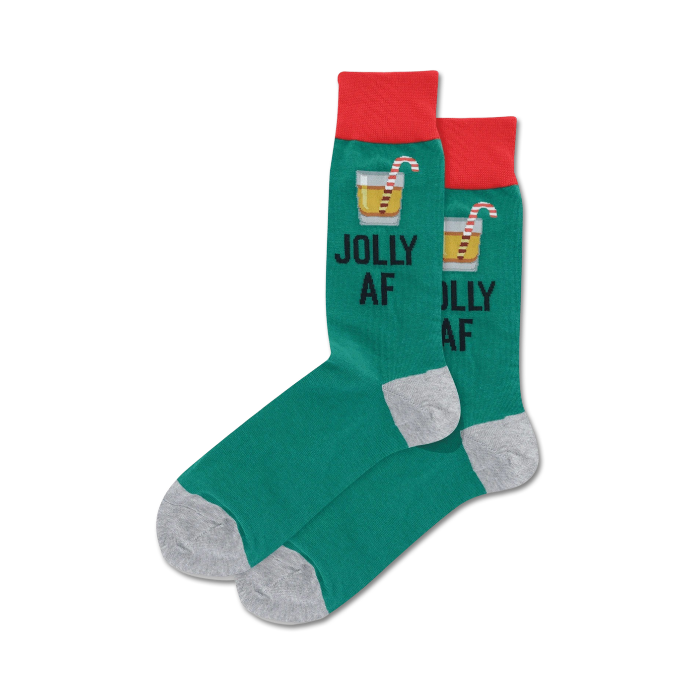 Lifestyle shot of 'Jolly AF' socks on a person's legs. Socks are teal with a red cuff.