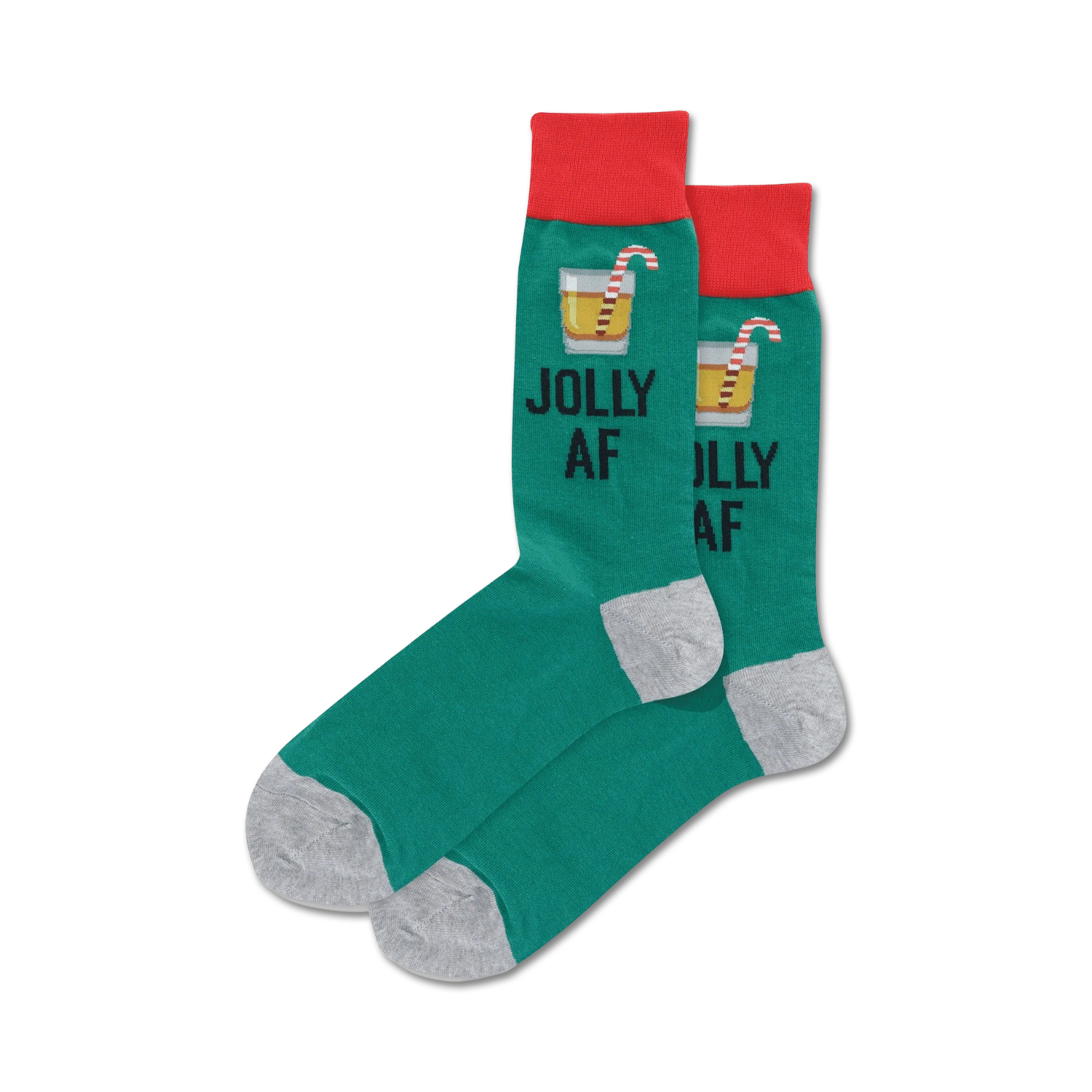 Lifestyle shot of 'Jolly AF' socks on a person's legs. Socks are teal with a red cuff.