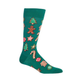 Crew socks in teal and black with a whimsical Christmas cookie design. Gingerbread men, candy canes, stars, and Christmas trees decorate the socks.