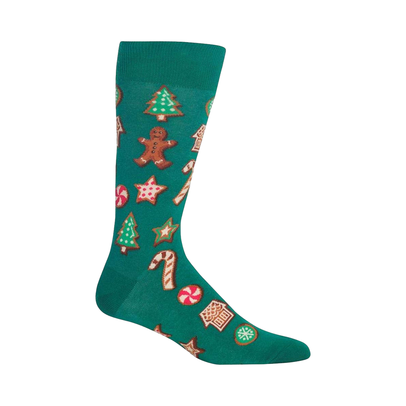 Crew socks in teal and black with a whimsical Christmas cookie design. Gingerbread men, candy canes, stars, and Christmas trees decorate the socks.