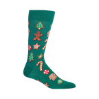 Crew socks in teal and black with a whimsical Christmas cookie design. Gingerbread men, candy canes, stars, and Christmas trees decorate the socks.