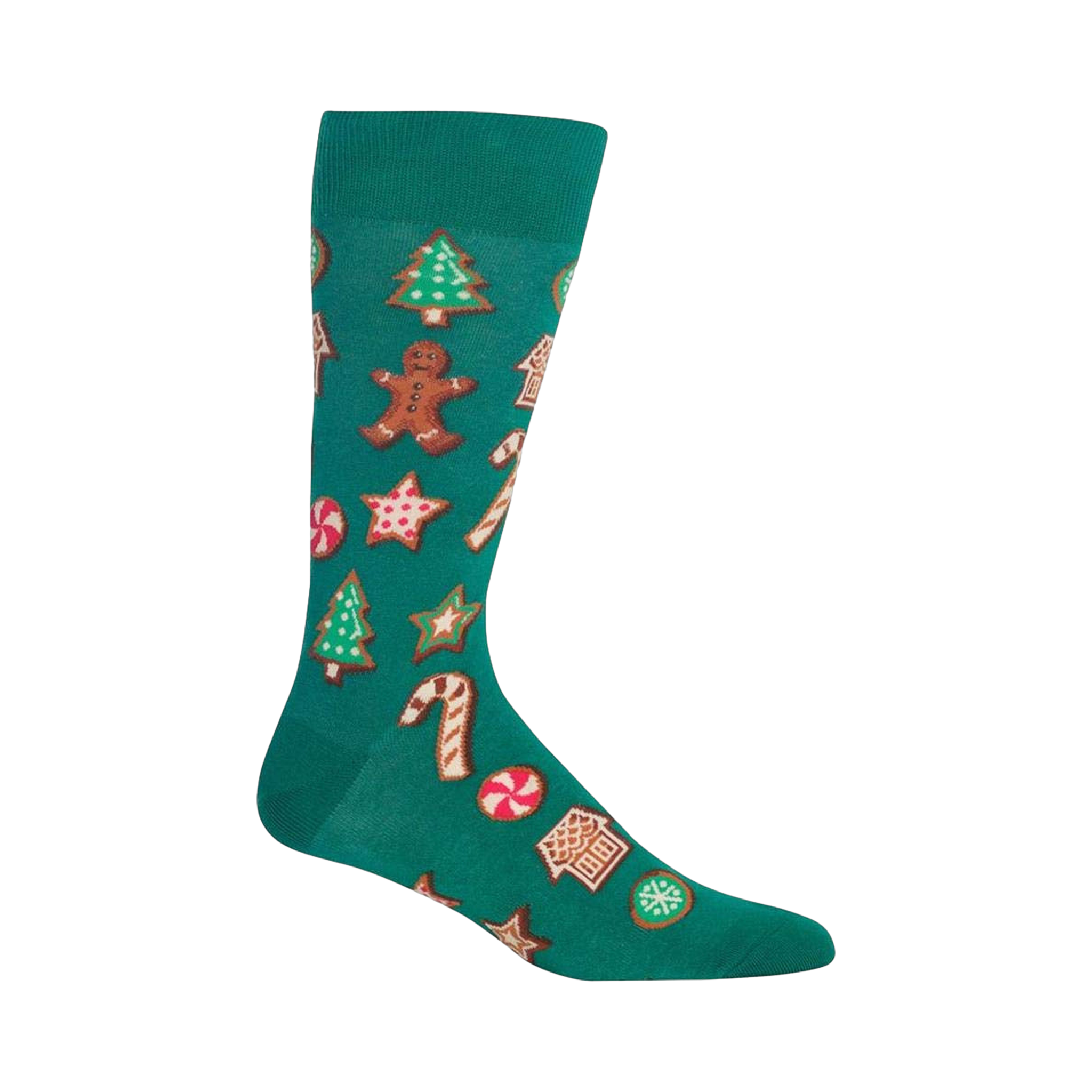 Crew socks in teal and black with a whimsical Christmas cookie design. Gingerbread men, candy canes, stars, and Christmas trees decorate the socks.