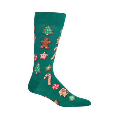 Crew socks in teal and black with a whimsical Christmas cookie design. Gingerbread men, candy canes, stars, and Christmas trees decorate the socks.