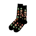 Pair of black Christmas Cookie socks shown flat.