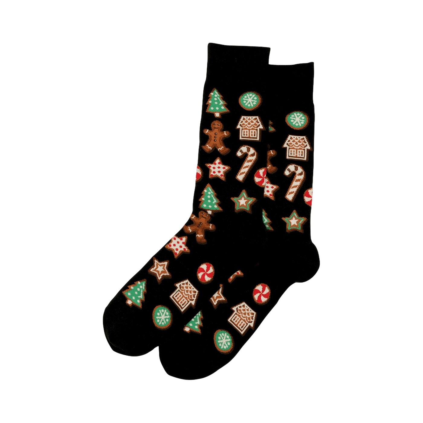 Pair of black Christmas Cookie socks shown flat.