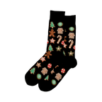 Pair of black Christmas Cookie socks shown flat.