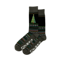 Pair of dark gray and black Christmas tree slipper socks. Features a festive tree, snowflake, and geometric patterns, plus non-skid grips on the soles.