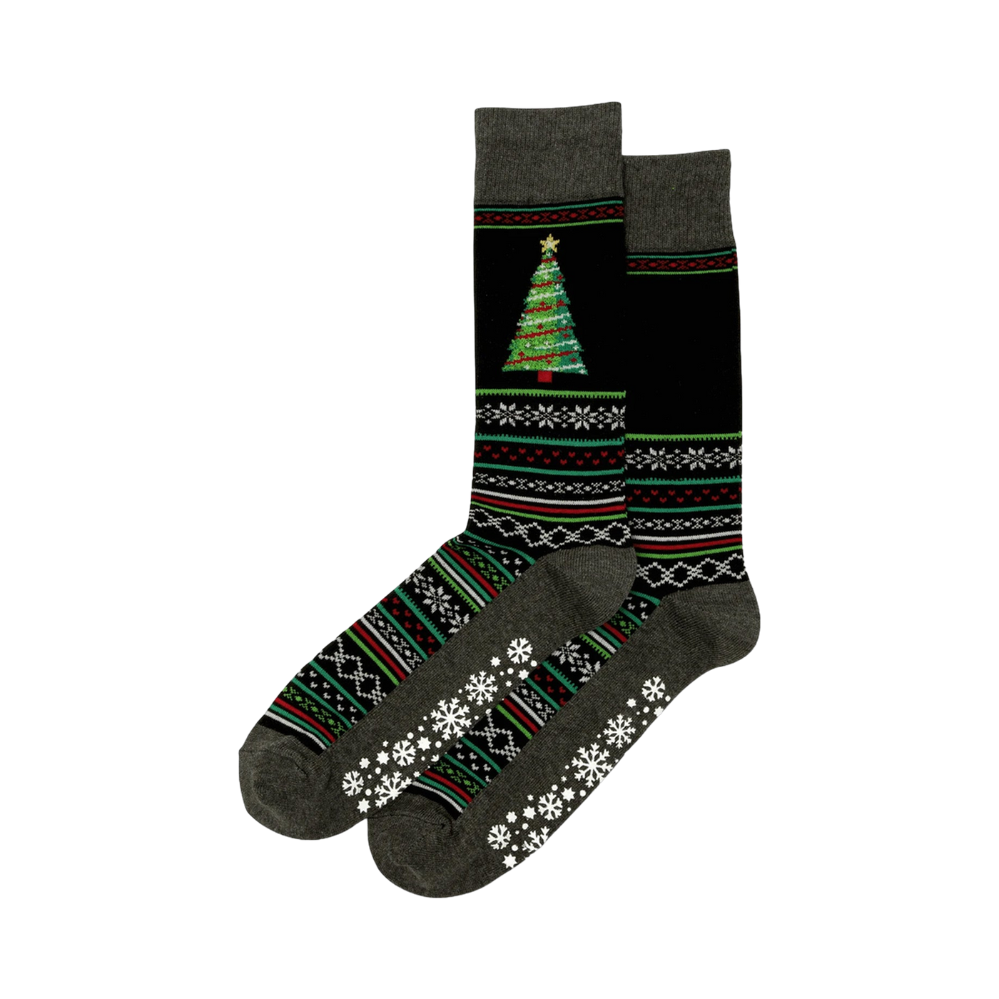 Pair of dark gray and black Christmas tree slipper socks. Features a festive tree, snowflake, and geometric patterns, plus non-skid grips on the soles.