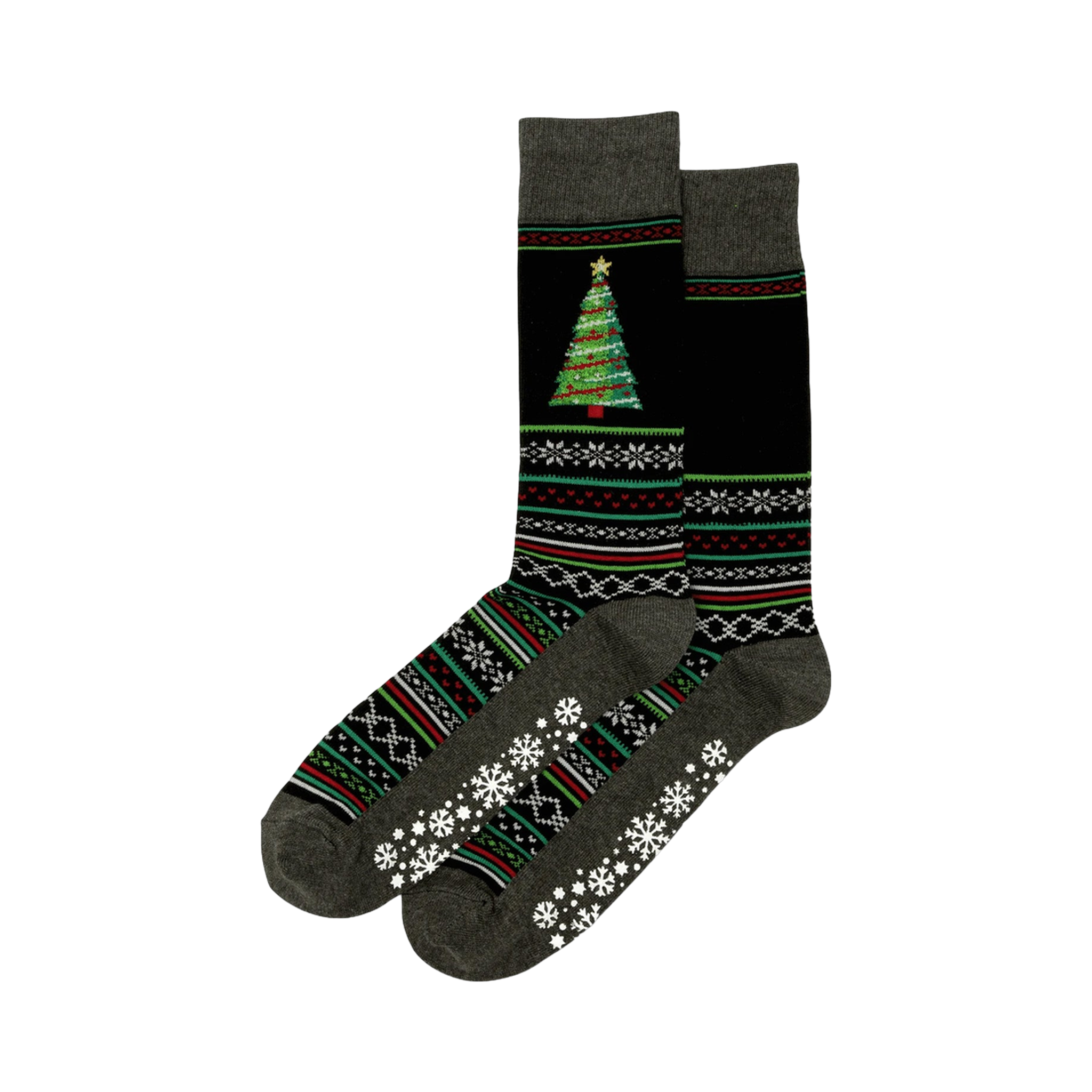 Pair of dark gray and black Christmas tree slipper socks. Features a festive tree, snowflake, and geometric patterns, plus non-skid grips on the soles.
