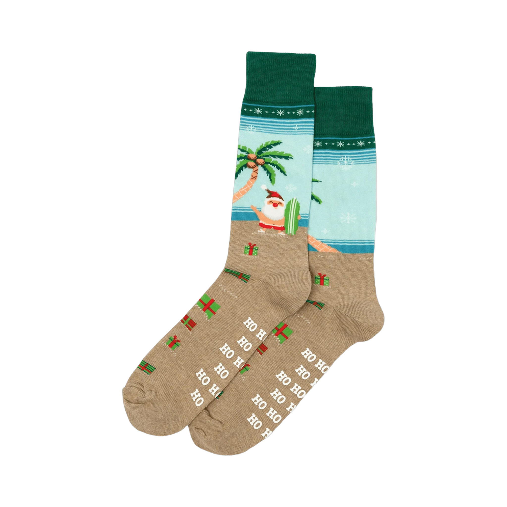 Pair of crew socks. Tan base with a light blue beach scene, surfing Santa, palm tree, presents, and 'Ho Ho Ho' print. Red and green cuffs.