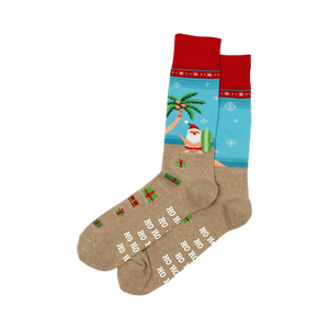 Pair of Surfing Santa socks in red and tan shown against a white background.