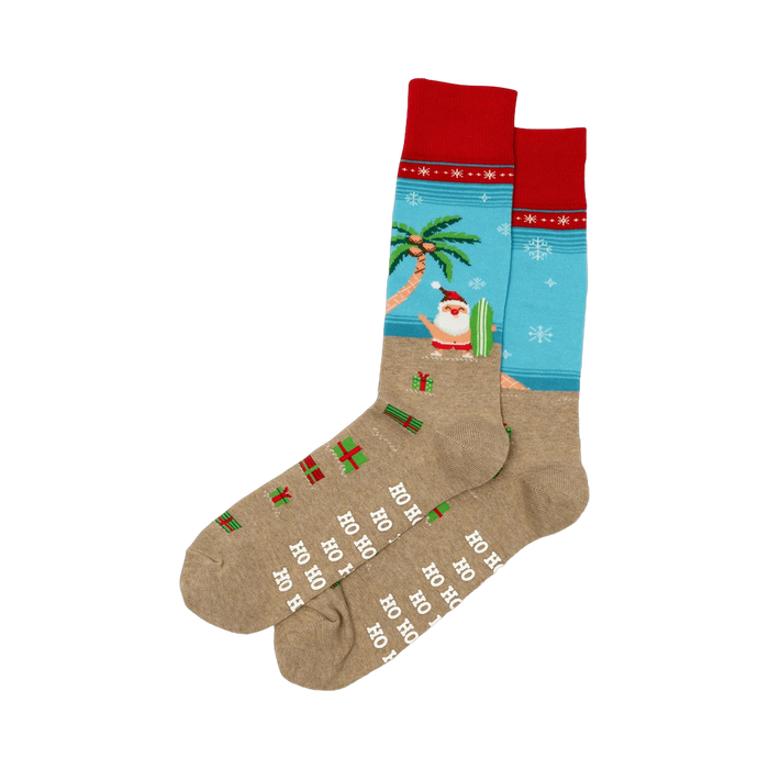Pair of Surfing Santa socks in red and tan shown against a white background.