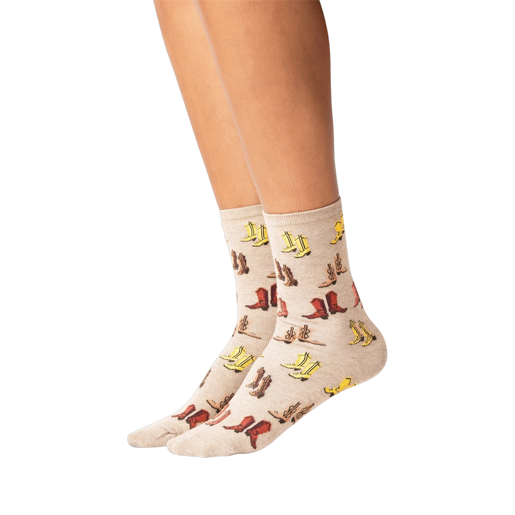 Lifestyle shot showing the socks on a person's legs. The socks are beige with a colorful cowboy boot print.