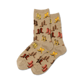 Pair of beige crew socks with a repeating pattern of colorful cartoon cowboy boots in yellow, red, and brown.