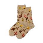 Pair of beige crew socks with a repeating pattern of colorful cartoon cowboy boots in yellow, red, and brown.