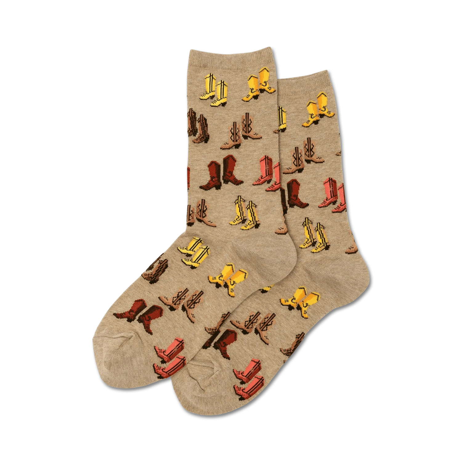 Pair of beige crew socks with a repeating pattern of colorful cartoon cowboy boots in yellow, red, and brown.