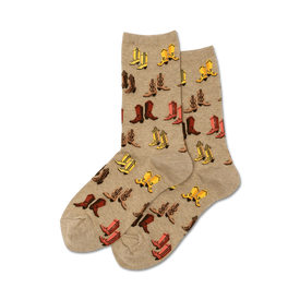 womens brown crew socks with red, yellow, orange, pink and black cowboy boot patterns. 