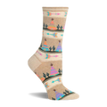Beige crew sock with repeating colorful teepee, cactus, and arrow pattern in pink, orange, blue, and green.