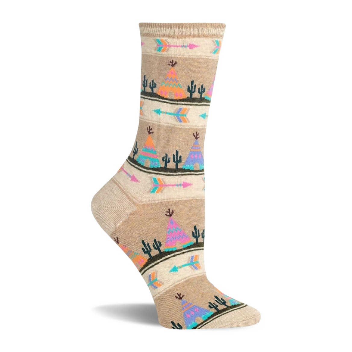 Beige crew sock with repeating colorful teepee, cactus, and arrow pattern in pink, orange, blue, and green.