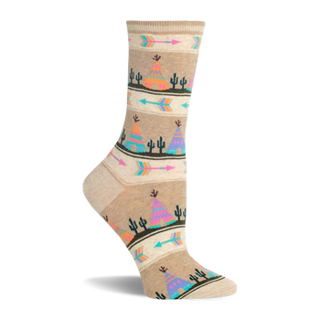 Beige crew sock with repeating colorful teepee, cactus, and arrow pattern in pink, orange, blue, and green.
