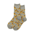 Pair of grey crew socks with a repeating pattern of yellow and brown giraffes of varying sizes.
