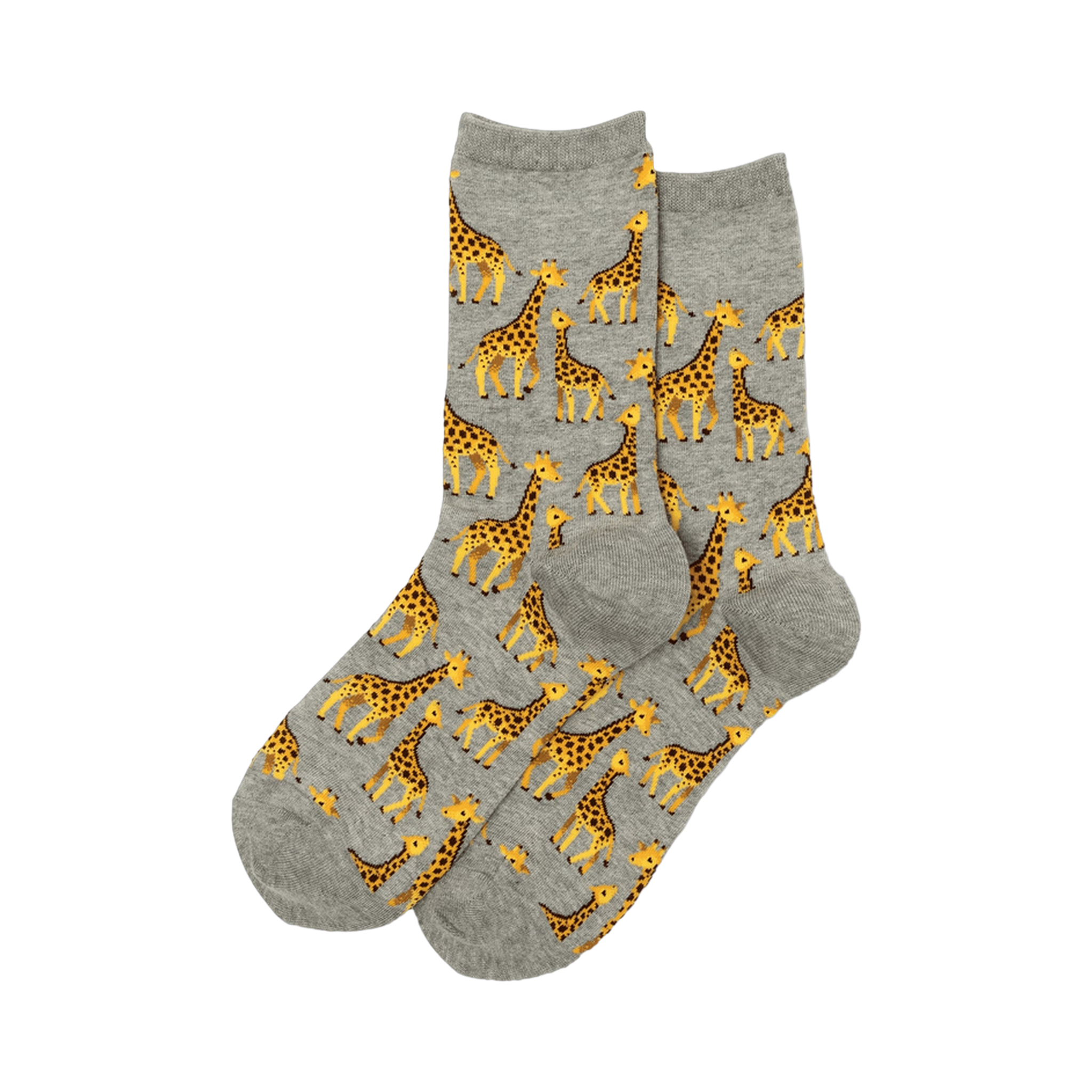 Pair of grey crew socks with a repeating pattern of yellow and brown giraffes of varying sizes.