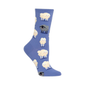 Crew socks in purple featuring a repeating pattern of cartoonish white and black sheep. 