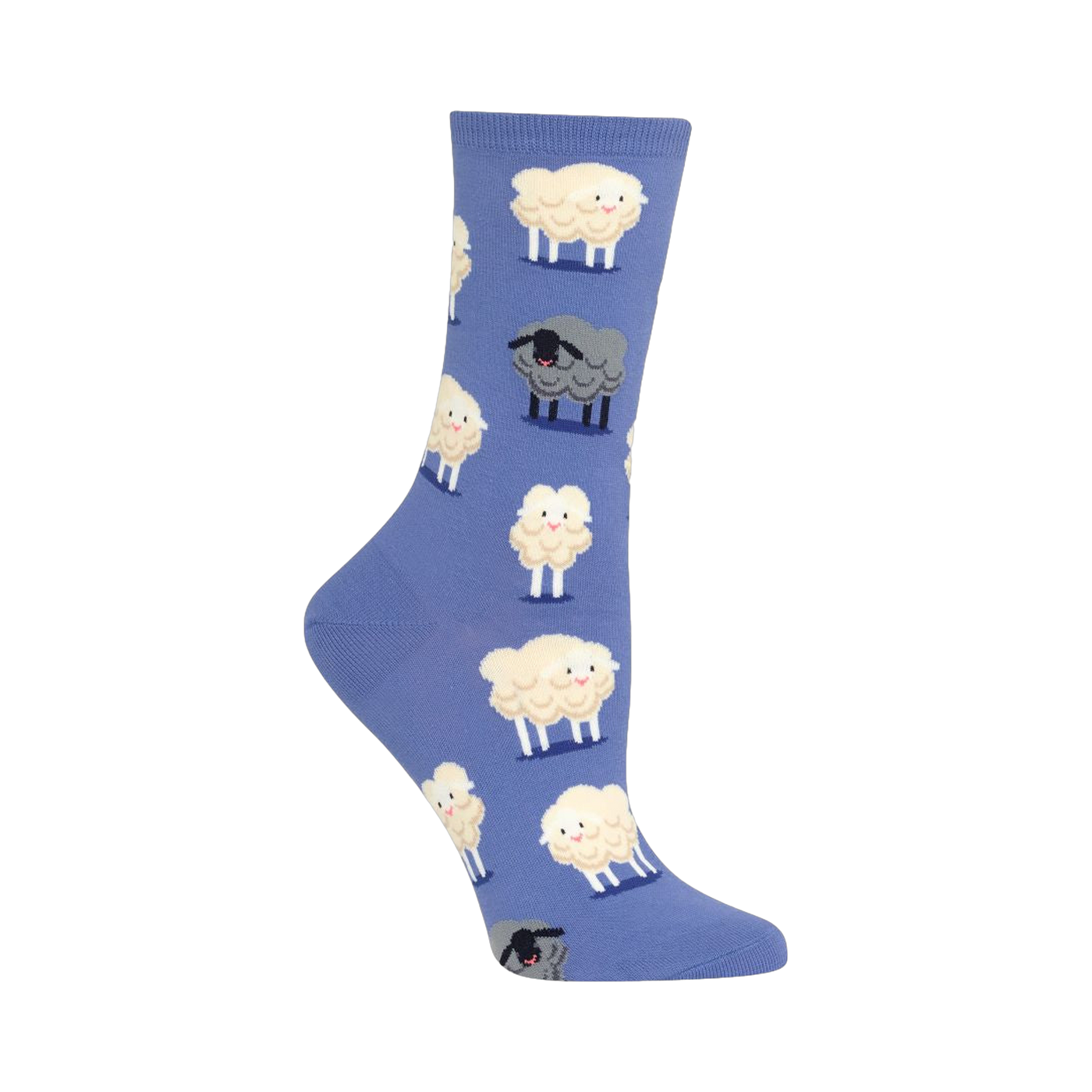 Crew socks in purple featuring a repeating pattern of cartoonish white and black sheep. 