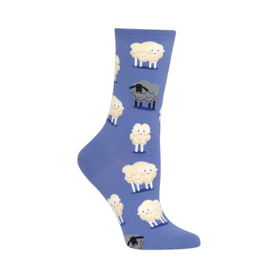 Crew socks in purple featuring a repeating pattern of cartoonish white and black sheep. 