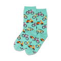 Pair of mint green crew socks with a repeating pattern of orange scooters and pink and yellow bicycles.