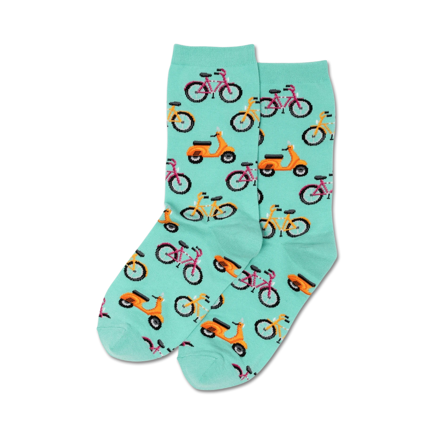 Pair of mint green crew socks with a repeating pattern of orange scooters and pink and yellow bicycles.
