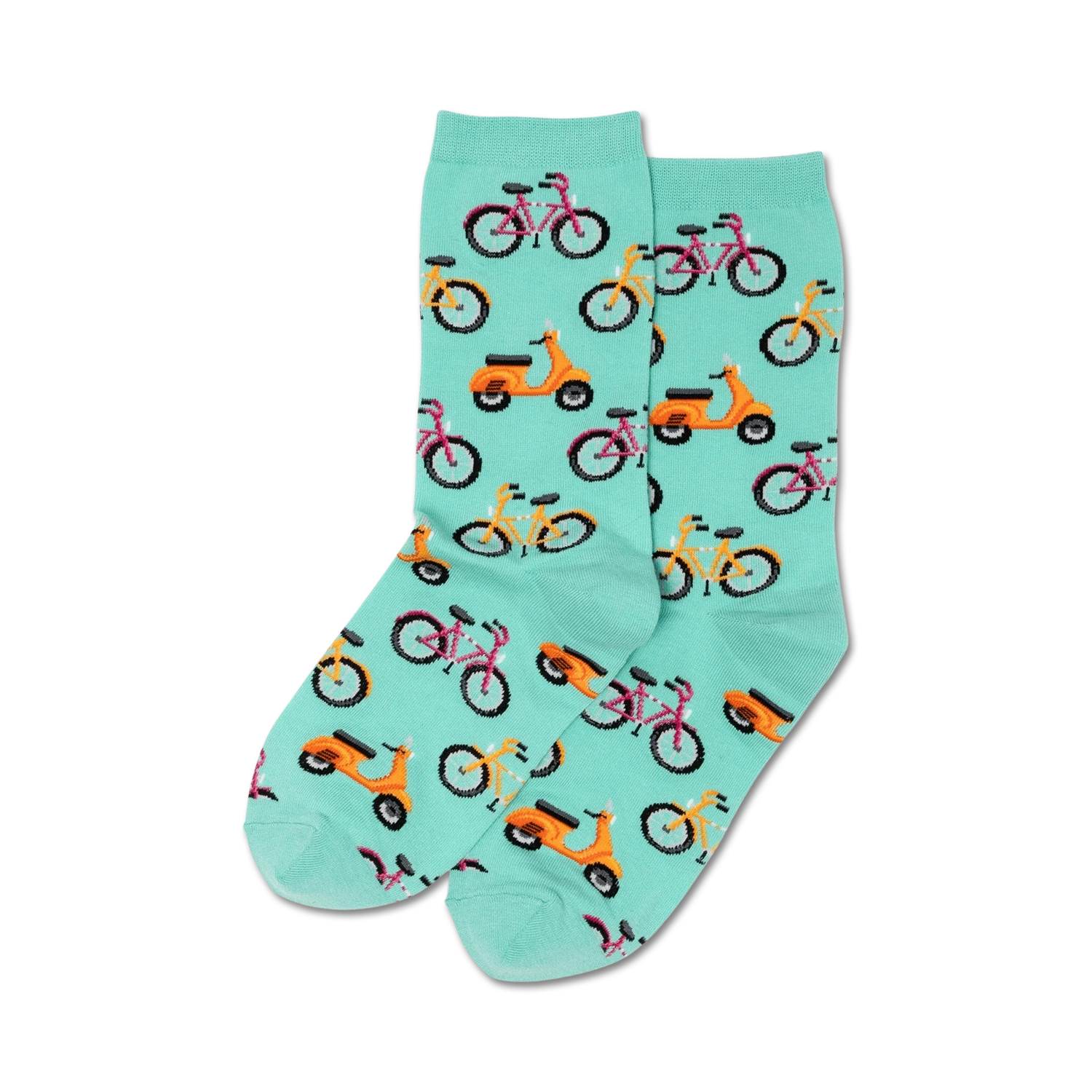 Pair of mint green crew socks with a repeating pattern of orange scooters and pink and yellow bicycles.