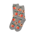 Pair of grey crew socks featuring a repeating pattern of illustrated peaches and peach slices.