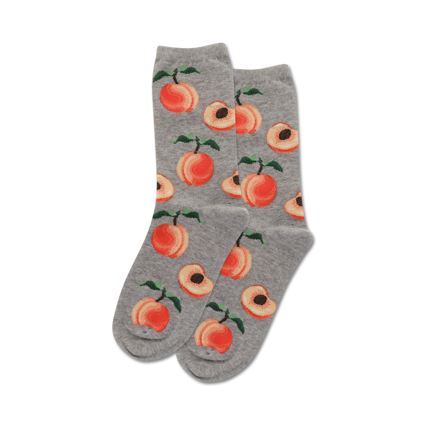 Pair of grey crew socks featuring a repeating pattern of illustrated peaches and peach slices.