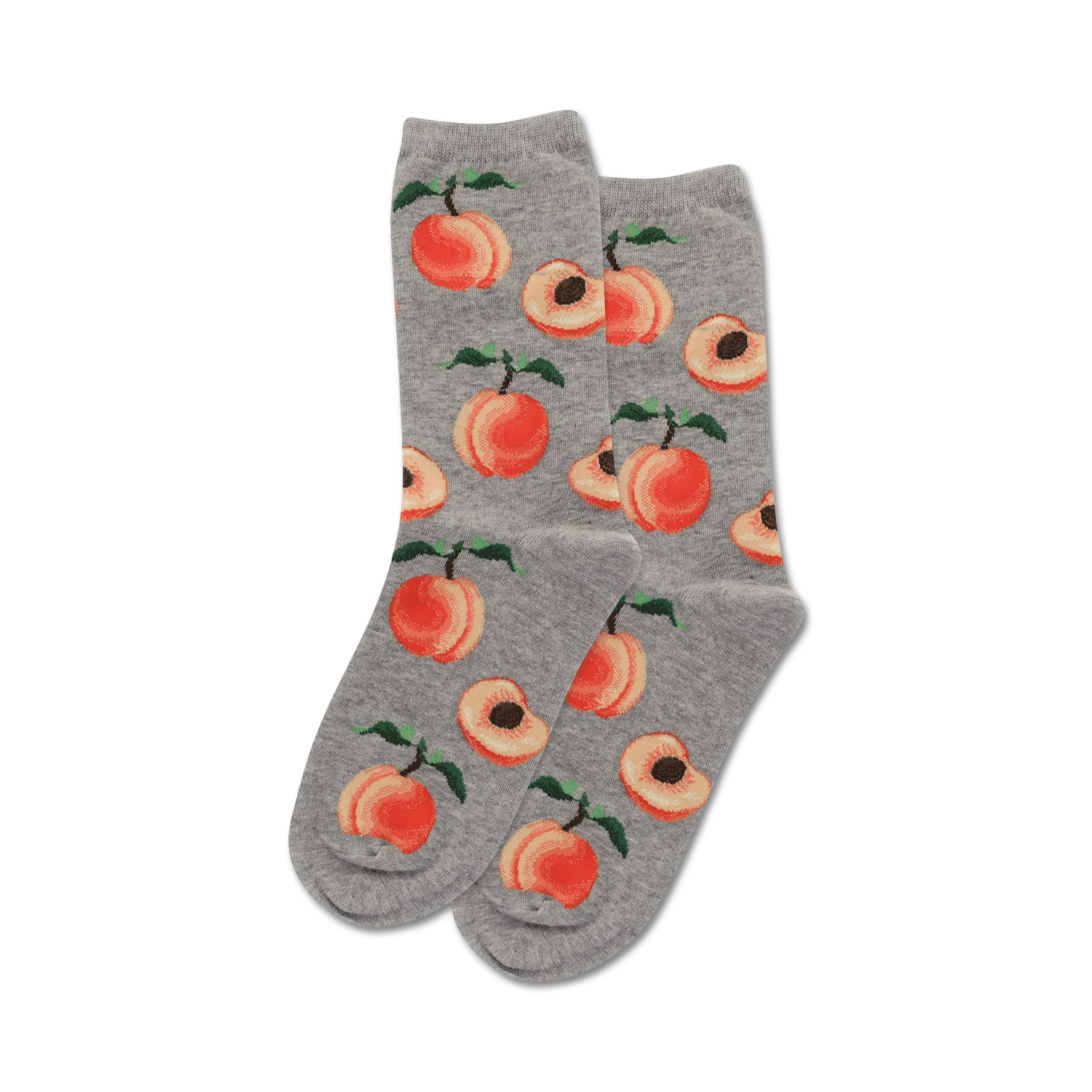 Pair of grey crew socks featuring a repeating pattern of illustrated peaches and peach slices.