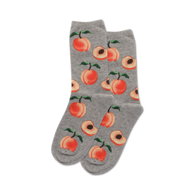 gray crew socks with vibrant pattern of orange peaches with pink blush and green leaves; juicy; fruit; fun; womens   