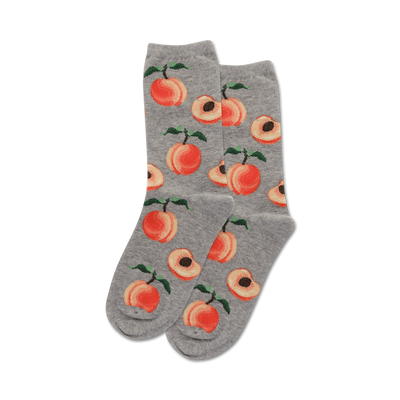 gray crew socks with vibrant pattern of orange peaches with pink blush and green leaves; juicy; fruit; fun; womens   