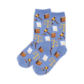 Pair of periwinkle blue crew socks.  A repeating pattern of gold scales of justice, brown gavels, and small legal documents is visible.