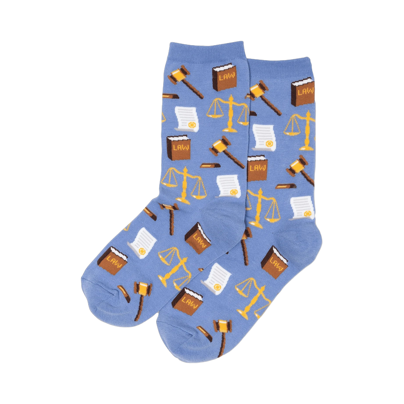 Pair of periwinkle blue crew socks.  A repeating pattern of gold scales of justice, brown gavels, and small legal documents is visible.