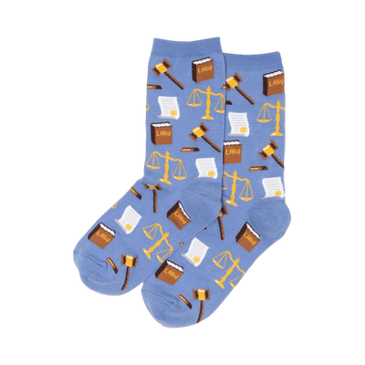 Pair of periwinkle blue crew socks.  A repeating pattern of gold scales of justice, brown gavels, and small legal documents is visible.