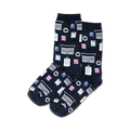 Pair of dark gray crew socks with an all-over print of pink and white calculators, coffee cups, and laptops.