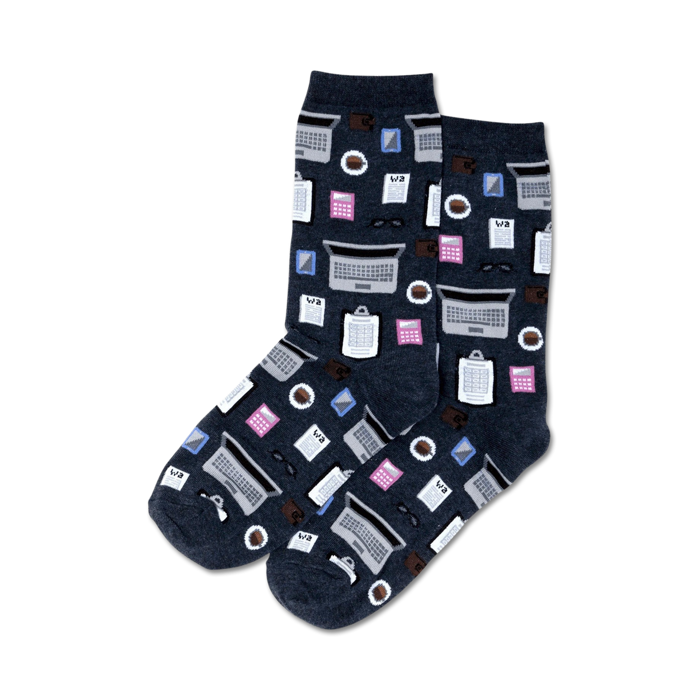 Pair of dark gray crew socks with an all-over print of pink and white calculators, coffee cups, and laptops.