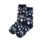 Pair of dark gray crew socks with an all-over print of pink and white calculators, coffee cups, and laptops.