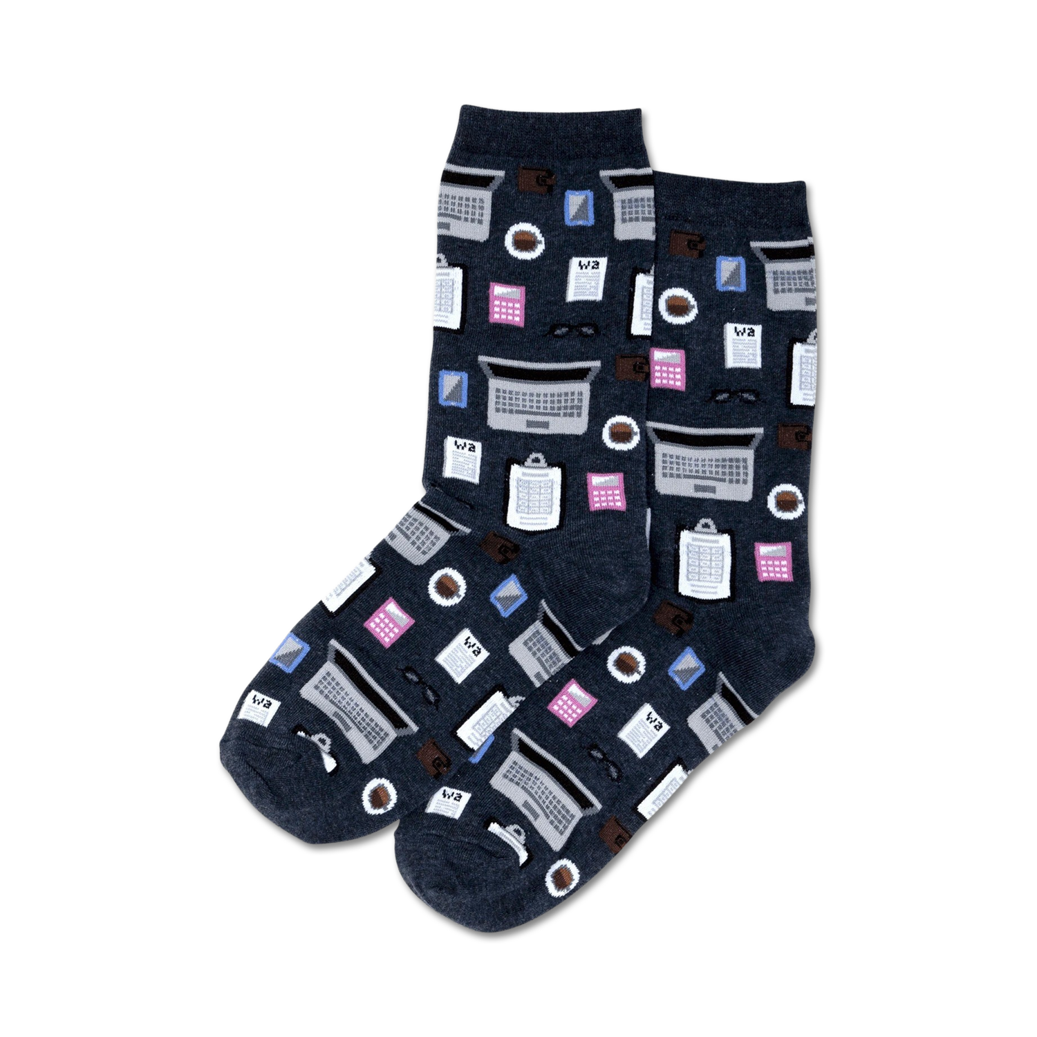 Pair of dark gray crew socks with an all-over print of pink and white calculators, coffee cups, and laptops.