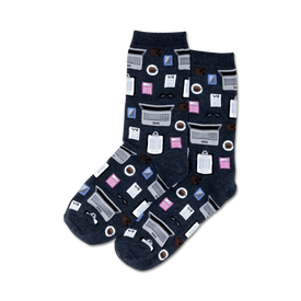 blue crew socks with pink, blue, and white office supplies and money pattern.  