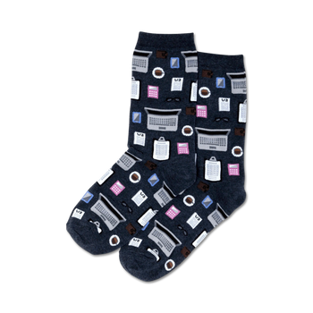 Pair of dark gray crew socks with an all-over print of pink and white calculators, coffee cups, and laptops.