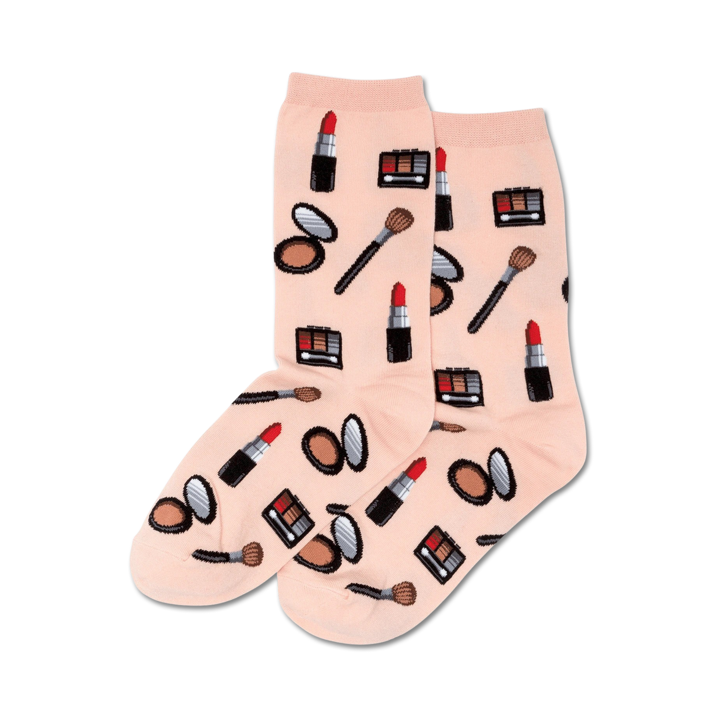 Pair of peach crew socks featuring a pattern of lipstick tubes, eyeshadow palettes, makeup brushes, and compact powder. 